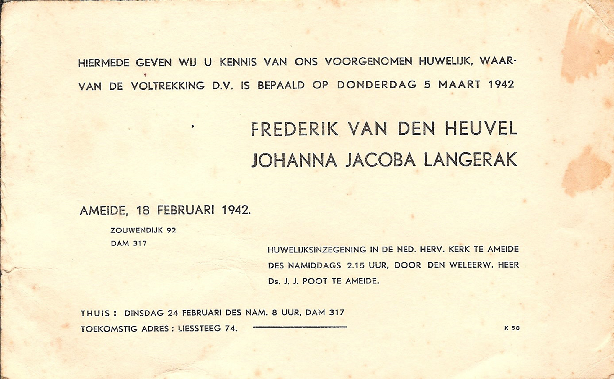 Huwelijksaankondiging Frederik van den Heuvel en Jo(hanna Jacoba) Langerak 1942